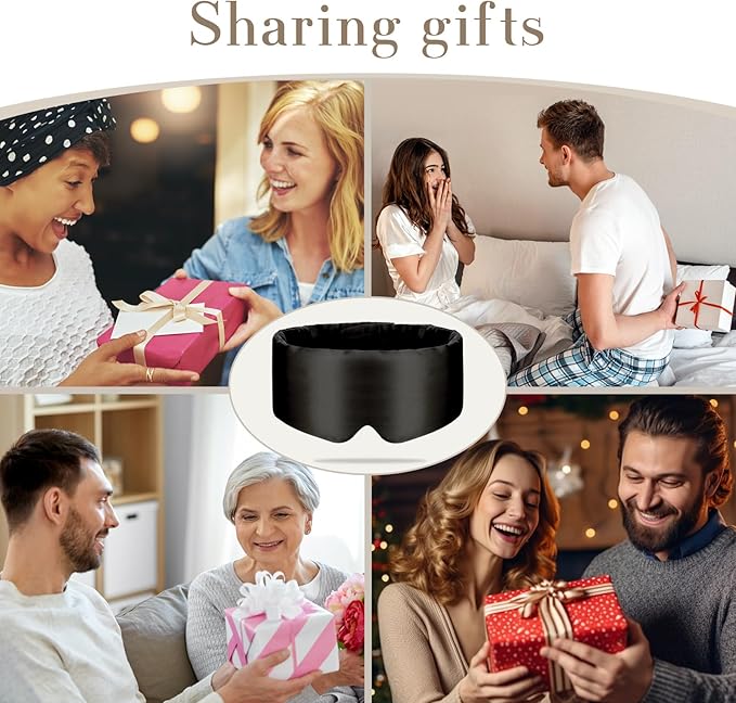 100% Mulberry Silk Sleep Mask Eye Mask for Women Man with Adjustable Band, for Side Sleeper Blackout Sleep Mask for Travel Rest and Office Large Size (Black)