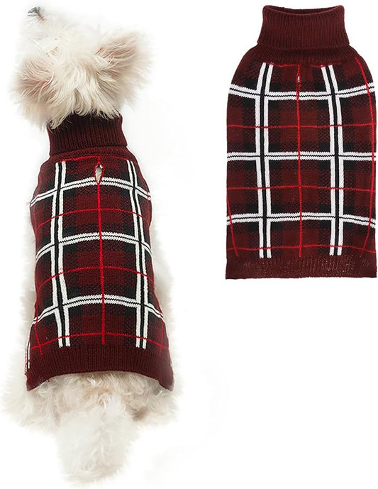 PUPTECK Dog Christmas Sweaters for Large Medium Small Dogs - Fall Classic Plaid Style Puppy Holiday Winter Coat Clothes Warm, Deep Red, S