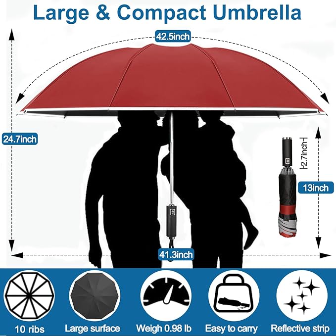 Travel Umbrella for Rain, Automatic Folding Windproof Umbrella with Case - Compact Reverse with 360° Reflective Stripe, Light & Portable Durable for Women & Men