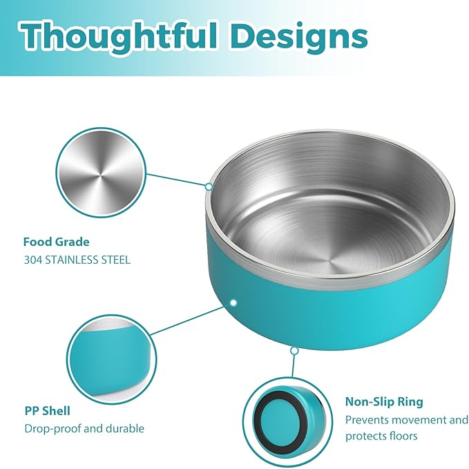 Stainless Steel Dog Bowls, Metal Dog Dish for Large Dogs, Insulated Non Slip Dog Food Bowl, Easy Clean, 40oz, LakeBlue
