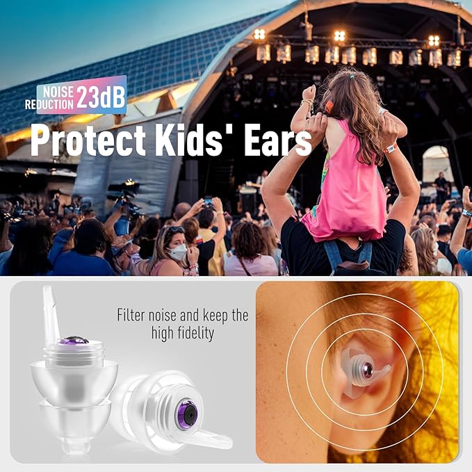 Kids Earplugs (6-12 yrs) - 2 Pairs High Fidelity Concert Ear Plugs for Children, Adults with Small Ear Canals, 23dB Kids Noise Reduction Earplugs for Concerts, Rehearsal, Festival, Party (Purple)