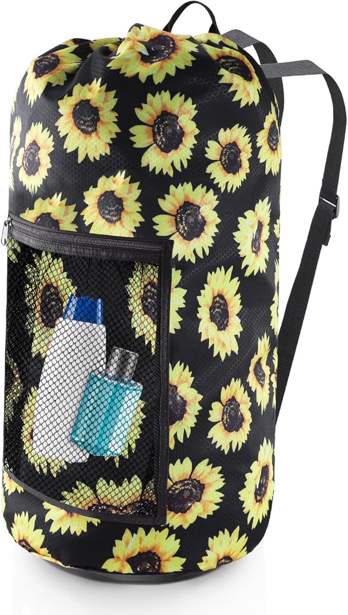 Laundry Bag Backpack, Extra Large Travel Laundry Bag with Mesh Pocket & Adjustable Shoulder Straps,Dirty Clothes Travel Bag for College Students Dorm,Apartment(Sunflower)