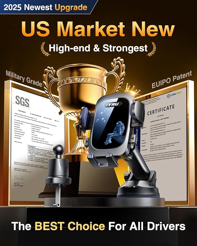 YRU True Military-Grade [360°Rotation Suction] 2025 Ultimate Car Phone Holder Mount[90+LBS Safest Strongest & Patent Certs] Dashboard Windshield Vent for iPhone 17 16 Pro Max Samsung,Blue Black