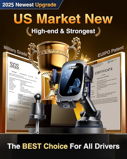 YRU True Military-Grade [360°Rotation Suction] 2025 Ultimate Car Phone Holder Mount[90+LBS Safest Strongest & Patent Certs] Dashboard Windshield Vent for iPhone 17 16 Pro Max Samsung,Blue Black