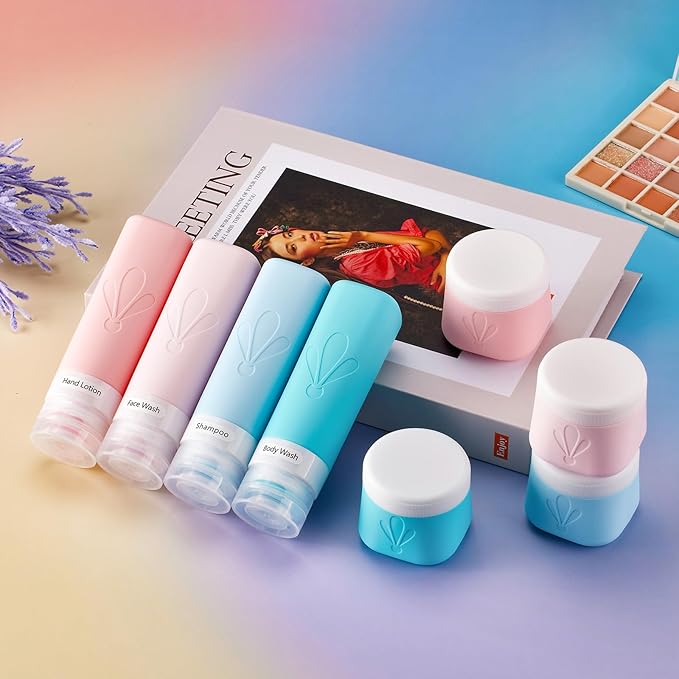 INSFIT 8 Pack Silicone Travel Bottles & Cream Jars with Toiletry Bag, 3oz Leakproof Containers & 2oz Jars with Waterproof Labels, BPA-Free Squeezable Toiletries Set for Shampoo, Lotion, Cosmetics