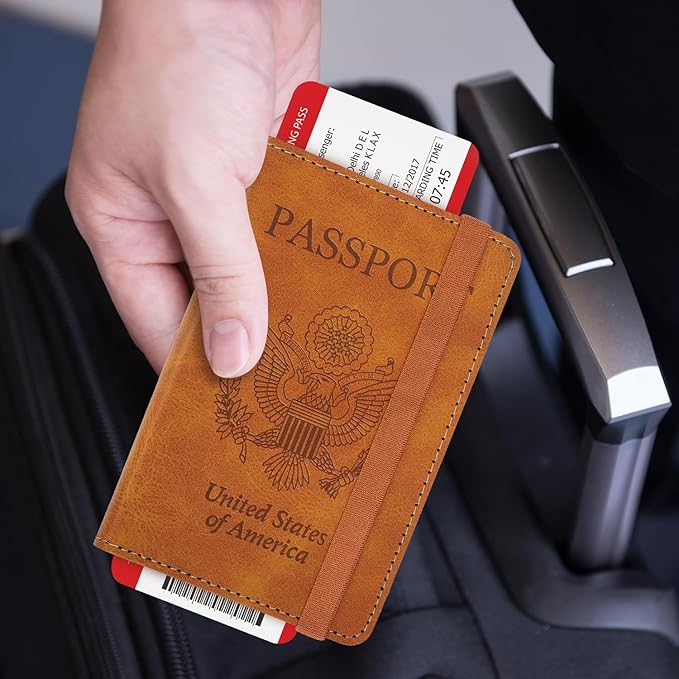 RSAquar Passport Holder for Women and Men, Premium PU Leather Travel Passport Wallet RFID Blocking Passport Cover Travel Documents Organizer with Pen Holder, Brown#2