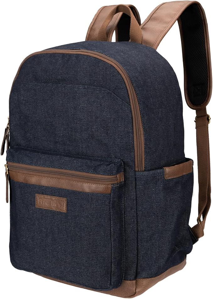Wrangler Powell Backpack for Travel Classic Logo Water Resistant Casual Daypack for Travel with Padded Laptop Notebook Sleeve (Denim)