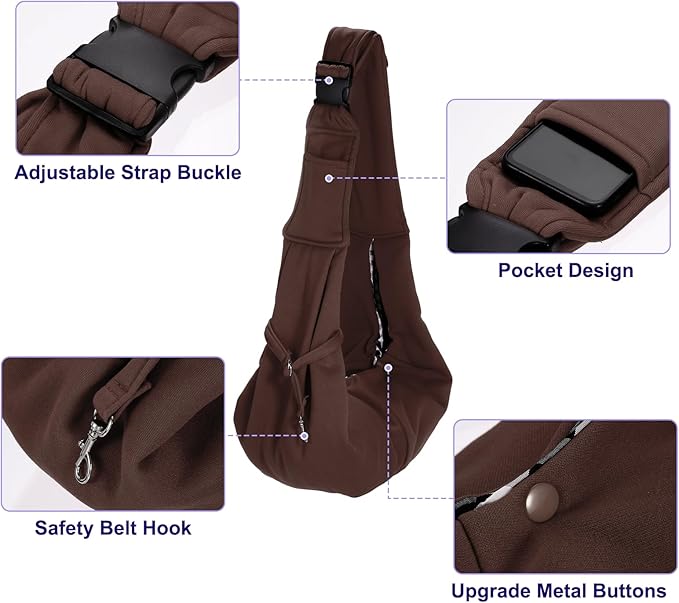 PETAXCELL Dog and Cat Sling Carrier Up to 16.5 Lbs, Hand-Free Reversible Pet Sling Carrier with Adjustable Strap and Pocket, (Brown, 1 Pcs) Intended for Hiking/Camping/Traveling