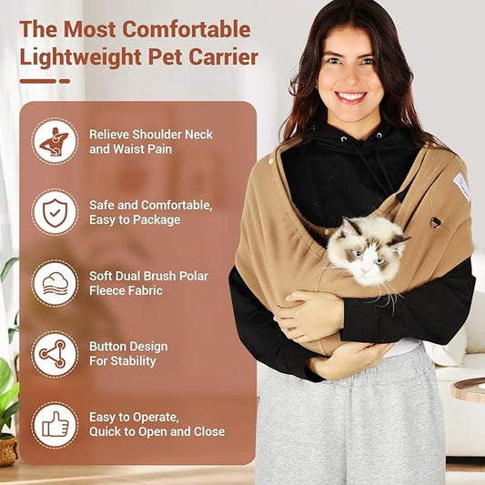 Yunpawpet Dog Carrier Sling,Indoor Comfort Adjustable Cat Sling Carrier,with Front Pocket and Seat Belt Dog Carriers for Small Dogs Machine Washable,Suitable for Family Outdoor Use (Medium, Khaki)