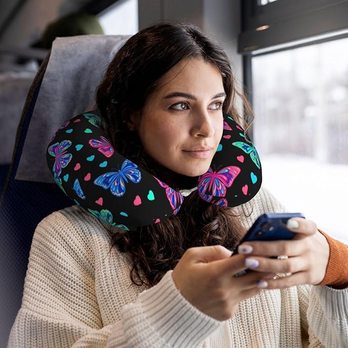 Travel Pillow for Men Women, Washable Relax U Shaped Neck Pillows for Car Head Pain Relief Sleeping Trippy Goth Magic Butterfly
