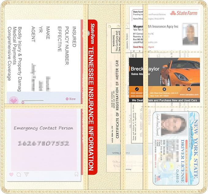 Car Insurance and Registration Holder, 9.5 x 5 Inch PU Leather Vehicle Glove Box Organizer Wallet Case for Insurance Card, Driver License, Paperwork - Champagne