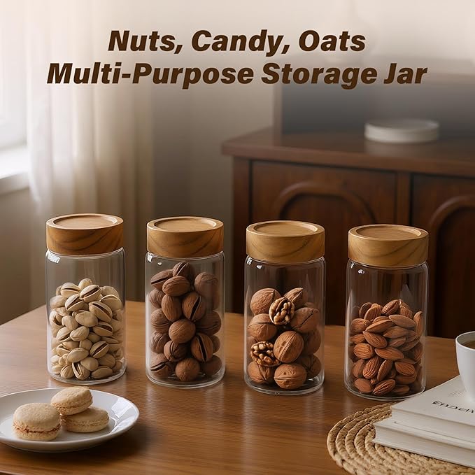 Zoaiirte 6 -Piece 13 oz Food-Grade Glass Mason Jars with Acacia Wood Lids, Sealable Waterproof, Transparent Easily Stackable for Overnight Oats, Spice Storage & Snack Organizing