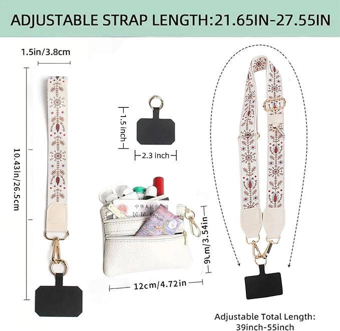 Crossbody Body Phone Holder for Women, New Phone Strap with Zippered Pouch, Adjustable Crossbody Strap (Flower white)