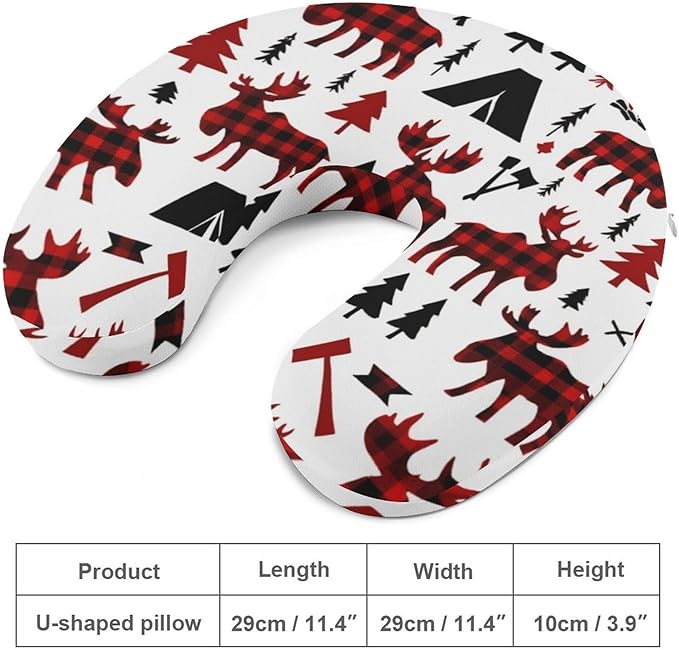 Memory Foam U-Shaped Travel Pillow Neck Pain Relief, Buffalo Plaid Woodland Moose Art U-Shape, Removable Cover Airplane Car Office