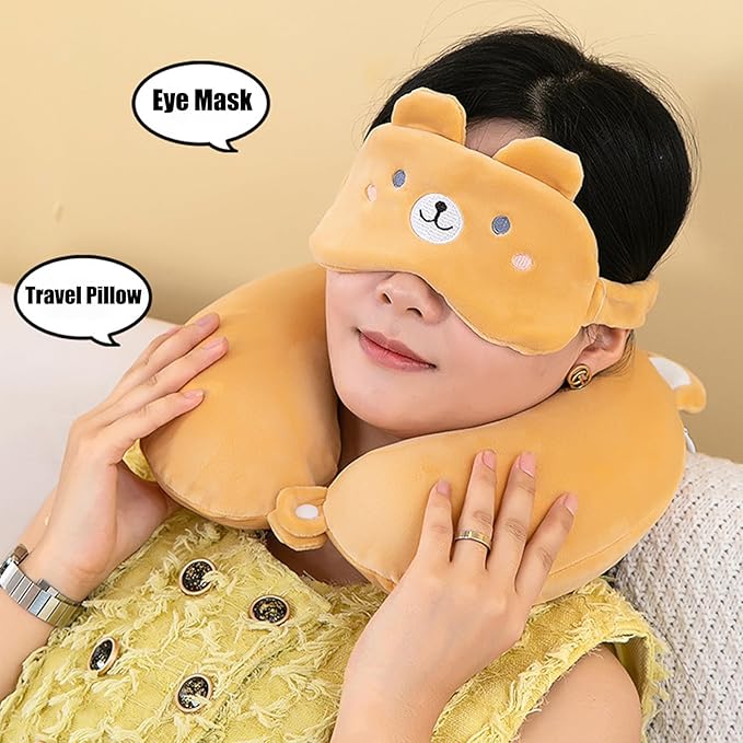 Kids Neck Pillow for Travel with Sleep Eye Mask, Cute Travel Neck Pillow, Memory Foam Flight Sleeping Headrest Pillow for Boys & Girls, Airplane, Train, Car, Home Use - Grey Cat