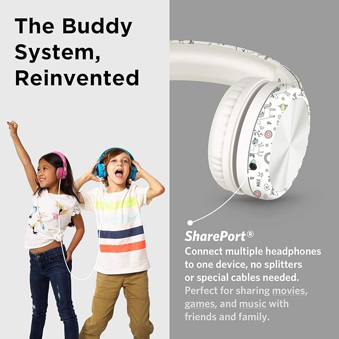 LilGadgets Connect+ Pro Wired Kids Headphones for School with Microphone, Volume Limiting Over-Ear Headset with Cord, SharePort Technology & SoftTouch Padding, Unicorn