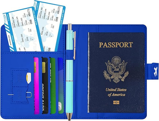 Passport Holder, Travel Wallet Cover with Pen Loop | Cute RFID Blocking Leather Case with Magnetic Closure for Travel Essentials-Blue