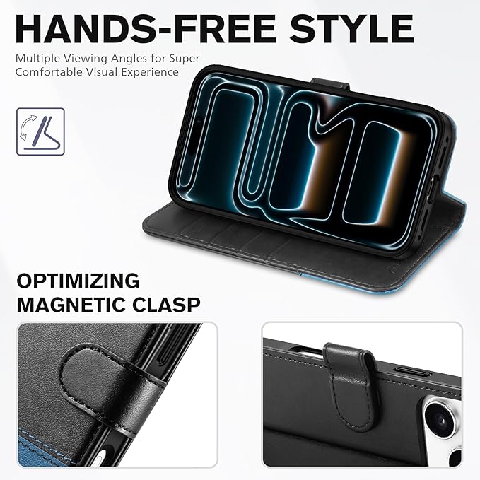 TUCCH Wallet Case for iPhone 17 Pro Max (6.9") 2025, RFID Blocking 4 Card Slots | Kickstand | Magnetic Closure | PU Leather | Shockproof TPU Shell | Protective Cover | Black & Light Blue