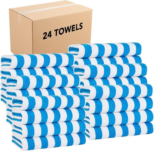 Arkwright California Cabana Stripe Beach Towel Bulk - Case of 24, Large Soft Quick Dry Cotton Terry Towels Set for Pool, Swim, and Hot Tub, Oversized 30 x 70 in, Blue