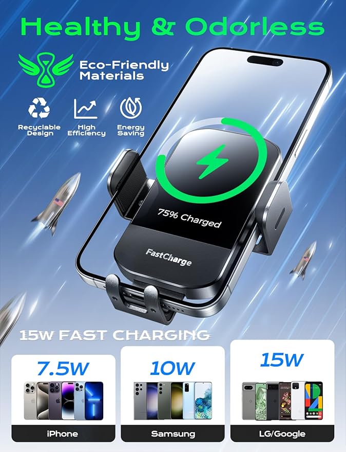 CHGeek Wireless Car Charger, 15W Fast Charging Auto Clamping Car Charger Phone Mount Phone Holder fit for iPhone 16 15 14 13 12 Pro Max 11 XR XS, Samsung Galaxy S24 Ultra S23 S22 S21, S20, S10+, Black