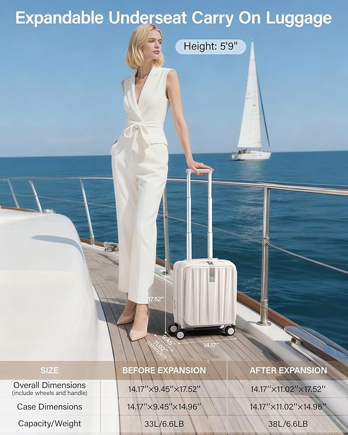 Hanke 16 Inch Expandable Under Seat Luggage with Wheels Top Opening Small Suitcase with Wheels Carry On Luggage Airline Approved Lightweight Hard Shell Suitcases for Weekender Overnight-Ivory White