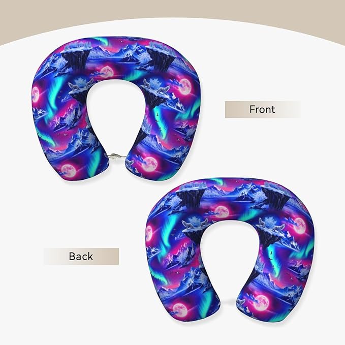 Neck Travel Pillow, Breathable Memory Foam Chin & Head Support Cushion Full Moon Wolves Aurora Art for Airplane Car Sleeping Rest
