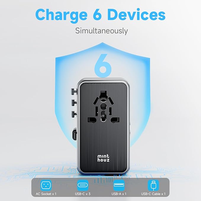 Minthouz Universal Travel Adapter, International 35W Power Adapter GaN Fast Charger with 3 USB-C PD & Cable & 1 USB-A Ports, All-in-One Portable AC Power Plug Adapter for USA EU UK AUS and More