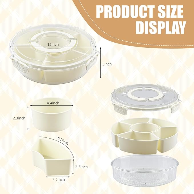 Divided Serving Tray with Lid and Handle Spinning Snackle Box Container for Candy Organizer Portable Veggie Trays for Serving for Party,Trave and Picnic Clear Lazy Susan Serving Tray (milky white)