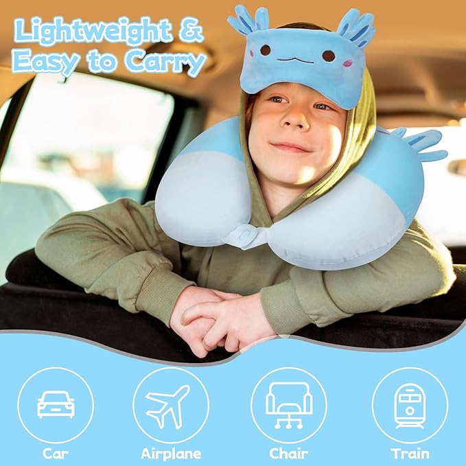 Kids Neck Pillows for Travel, Travel Pillow with Eye Mask Cartoon Axolotl U Shaped Neck Pillow for Sleeping Travel, Head Support Neck Pillow for Kids Teens Airplane Roadtrip Car