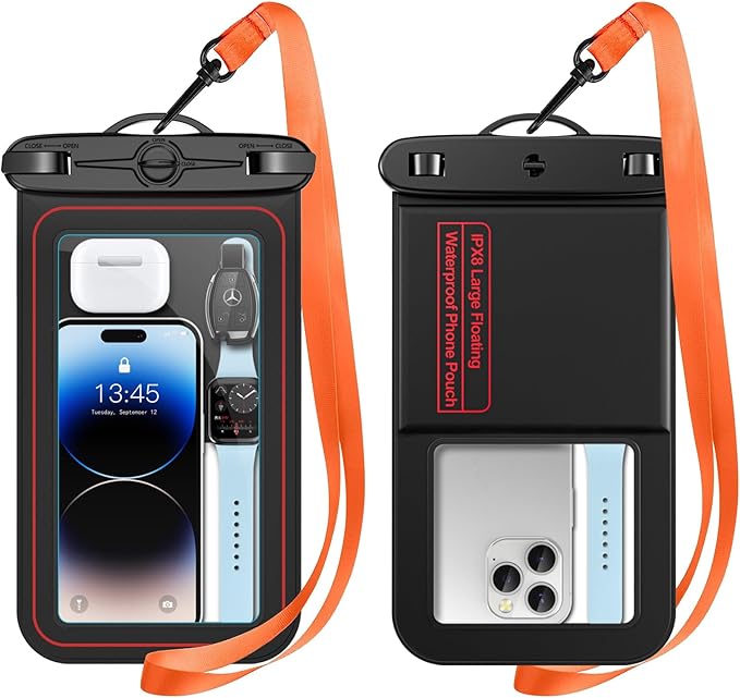 Floating Waterproof Phone Pouch, Large Waterproof Cell Phone Case, IPX8 Phone Dry Bag for iPhone 16/15/14/13/12/11/SE Series, Galaxy S25 Ultra/S24/S23 Up to 9’’ Black