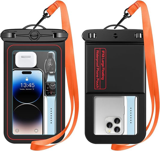 Floating Waterproof Phone Pouch, Large Waterproof Cell Phone Case, IPX8 Phone Dry Bag for iPhone 16/15/14/13/12/11/SE Series, Galaxy S25 Ultra/S24/S23 Up to 9’’ Black