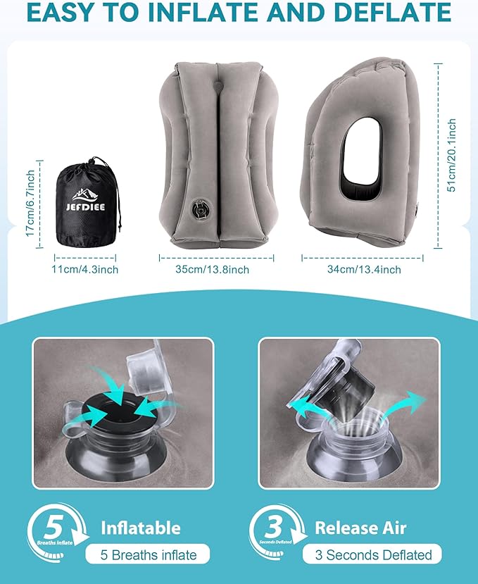 JefDiee Inflatable Travel Pillow, Airplane Neck Pillow Comfortably Supports Head and Chin for Airplanes, Trains, Cars Office Napping on The Tray Table (Grey)