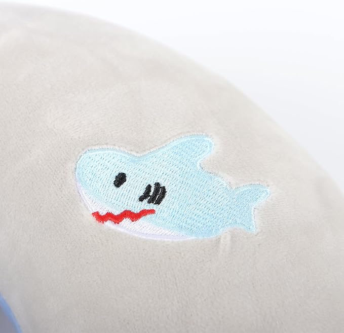 Kids Neck Pillow for Travel with Sleep Eye Mask, Cute Travel Neck Pillow, Memory Foam Flight Sleeping Headrest Pillow for Boys & Girls, Airplane, Train, Car, Home Use - Little Shark