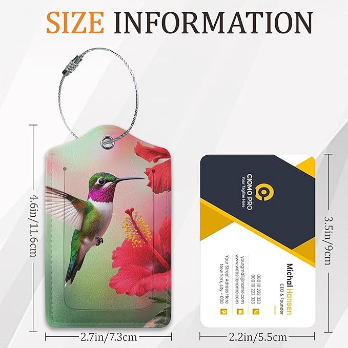 Hummingbird Luggage Tags for Suitcases, 3 Pack Leather Bag Tag Identifiers with Stainless Steel Loop and Address Card for Men Women