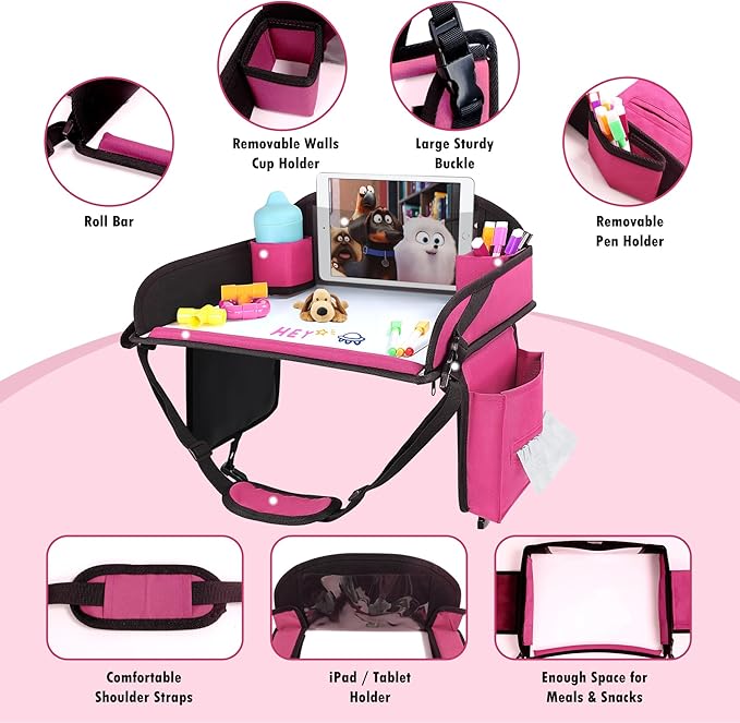 WENRENER Kids Travel Tray for Airplane - Toddler Car Seat Table Tray, Road Trip Essentials for Boys & Girls, Carseat Lap Desk for Kids Road Trip Activities (Pink-2PCS)