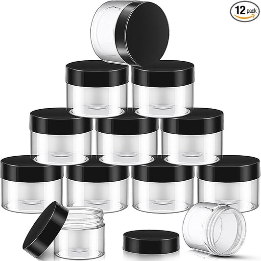 SATINIOR 12 Pack 16 oz Plastic Container Jars with Lids Round Clear Travel Cosmetic Container Slime Jars for Toiletries, Lotion, Cream, Ointments, Makeup, Rhinestone, Samples, Kitchen Storage(Black)