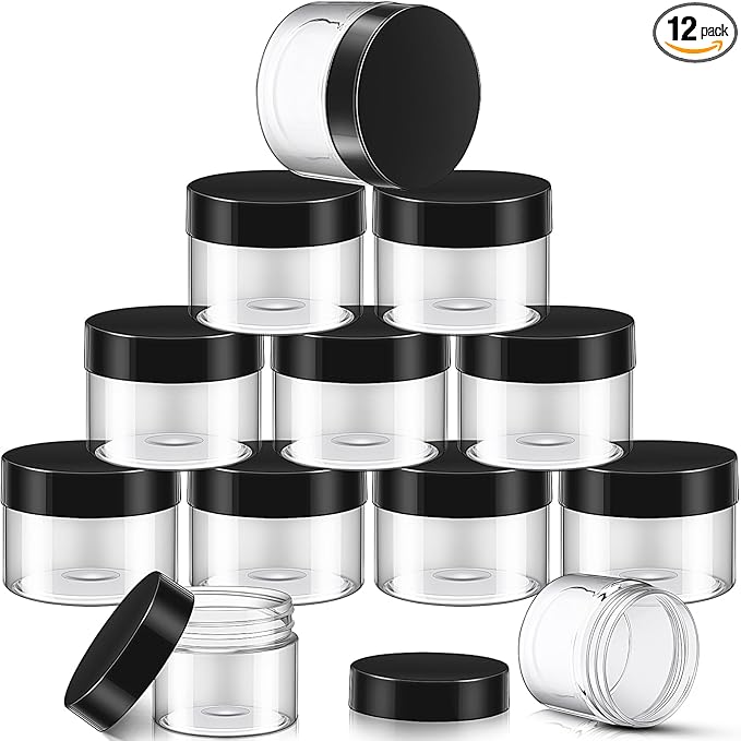 SATINIOR 12 Pack 12 oz Plastic Container Jars with Lids Round Clear Travel Cosmetic Container Slime Jars for Toiletries, Lotion, Cream, Ointments, Makeup, Rhinestone, Samples, Kitchen Storage(Black)