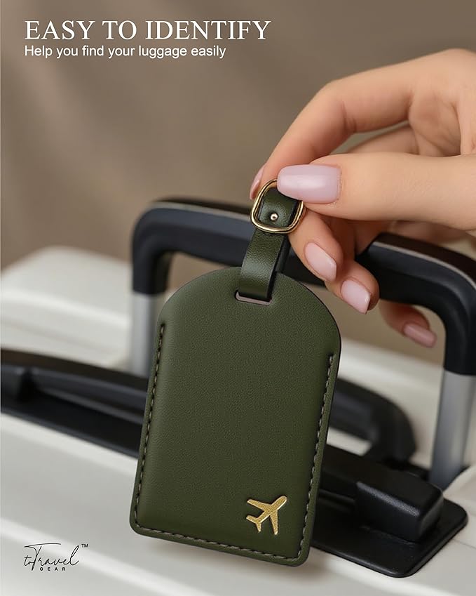 Luggage Tags for Suitcases,2 Pack PU Leather Privacy Protection Bag Tags Travel Accessories Essentials,Army Green