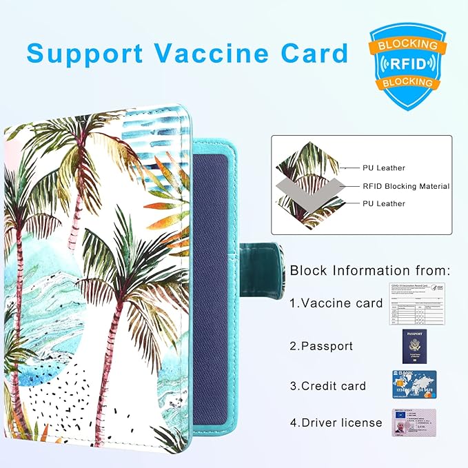 ACdream Passport and Vaccine Card Holder Combo, Cover Case with CDC Vaccination Card Slot, Leather Travel Documents Organizer Protector, with RFID Blocking, for Women and Men- Coconut tree