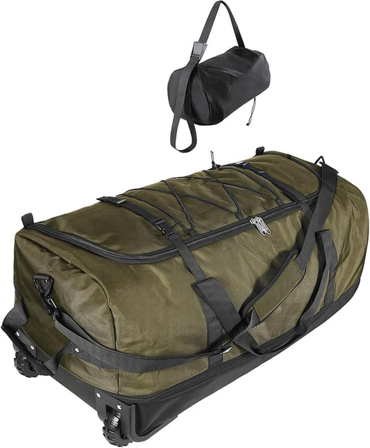 32” 1680D Oxford Foldable Duffle Bag with 2 Wheels,110L to 140L Expandable Soft Sided Rolling Travel Bag,Army Green