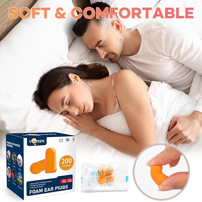 VOISEN Ear Plugs,200 Pairs EarPlugs for Sleeping,32dB NRR 37dB SNR Ear Plug Noise Cancelling for Snoring, Studying, Loud Events, Traveling & Concerts, Individual Package