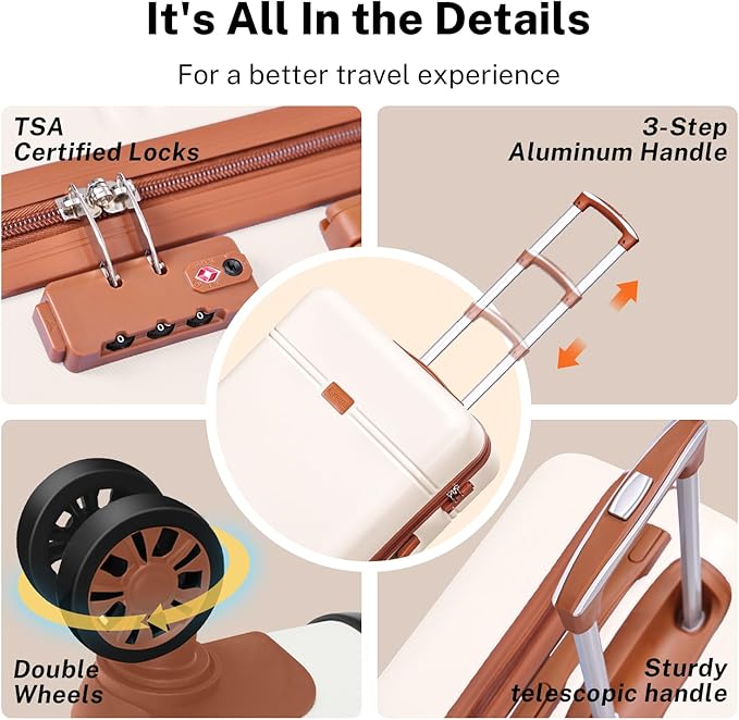 Krute Checked Luggage 24 inch Suitcases with Wheels TSA Approved PC+ABS Lightweight Hard Side Suitcase (WhiteBrown)