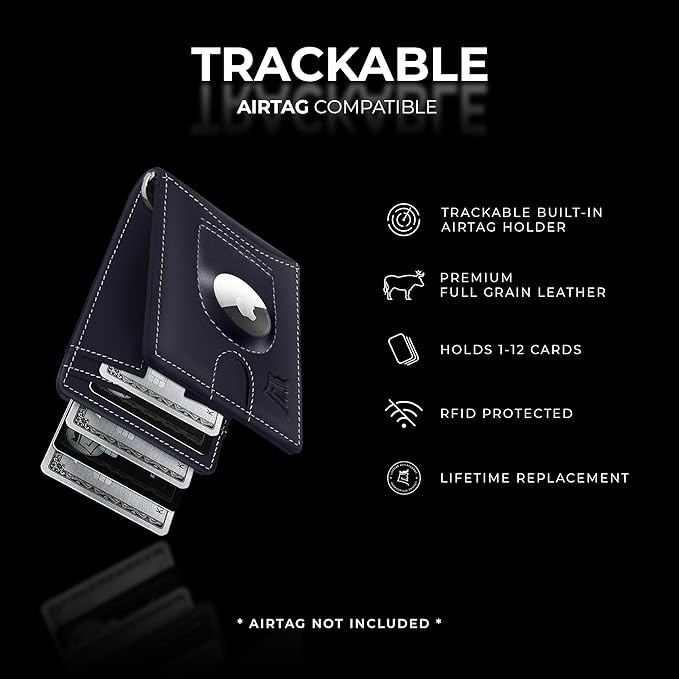 Kings Loot Trackable Airtag Wallet for Men | RFID Blocking Leather Design with Airtag Holder, Money Clip & Pull Tab | Minimalist Air Tag Wallets