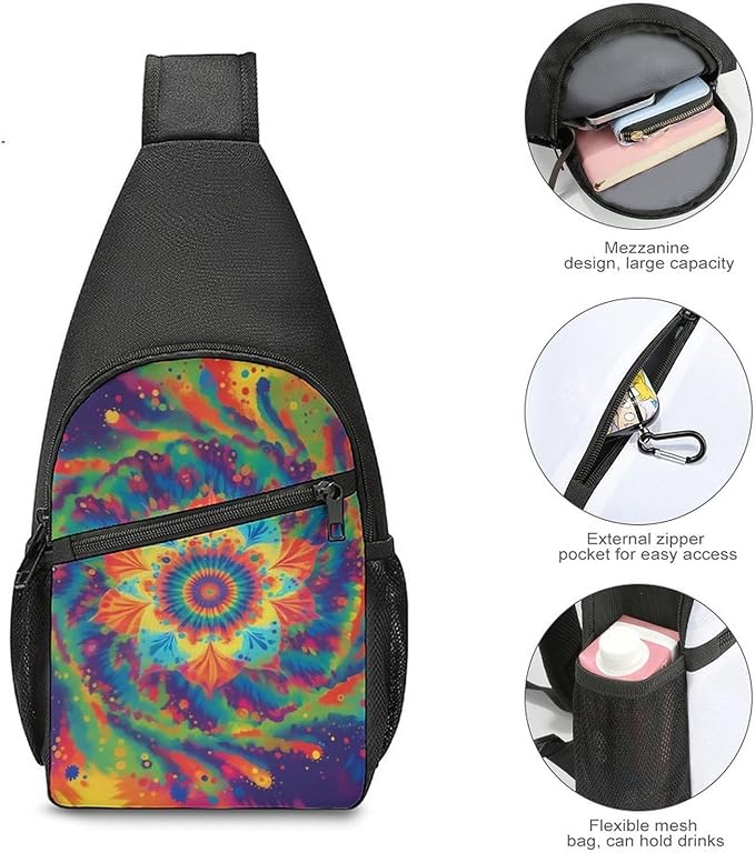 SWEET TANG Chest Bag for Men Women Spiral Psychedelic Tie Dye Rainbow Sling Shoulder Backpack Fashion Daypack, Outdoor Sport Adjustable Zippered Crossbody Bag with Large Capacity