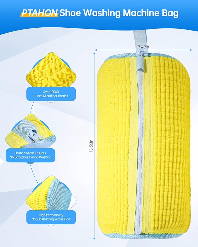 Shoe Washing Machine Bag – Reusable Laundry Shoe Bags for Washer and Dryer, Durable Chenille Microfiber with 360° Cleaning, Hidden Zipper Design for Sneakers, Tennis Shoes, Yellow, 2-Pack