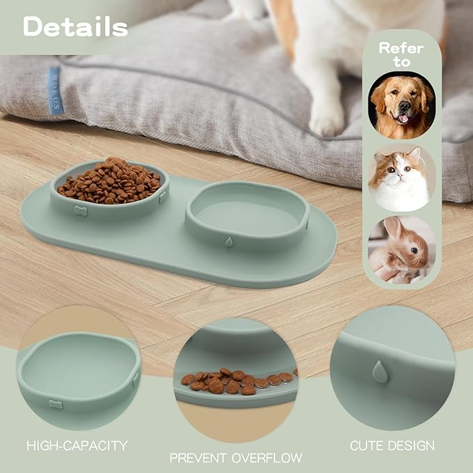 Dog Food Bowls Pet Bowls & Dog Water Bowls with No-Spill and Non-Skid, Feeder Bowls with Dog Bowl Mat for Small Medium Large Size Dogs Cats Puppy Pets, Dog Dishes (Green)