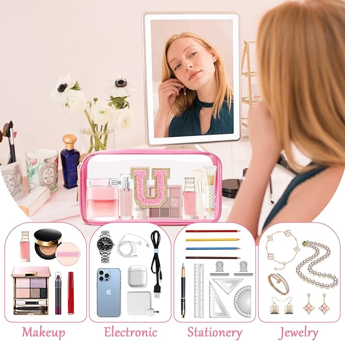 Personalized Initial Letter Clear Makeup Bag,Preppy Small Nylon&PVC Cosmetic Zipper Bag with Chenille Letter,Portable Beach Travel Skincare Toiletry Bag,Trendy Monogram Gift for Teen Girls Women,U