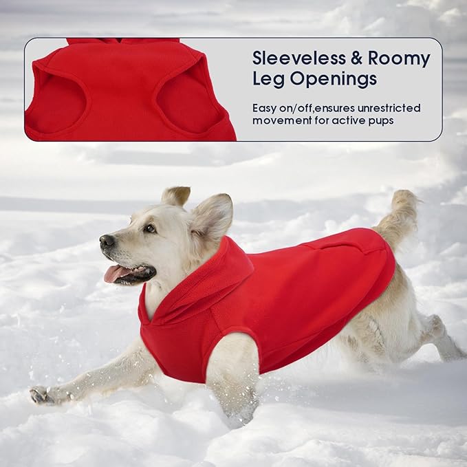IECOii XL Dog Sweater & Pullover Hoodie for Large Dogs, Warm Fleece Layer with Hood for Cold Weather, Boys & Girls, Red, Size XL