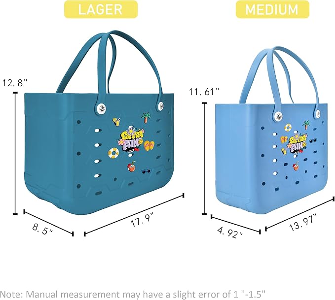 2-Piece Tote Bag Set, Waterproof Rubber Beach Bag with Summer Pattern, Medium & Large Handbag for Pool, Beach, Boat
