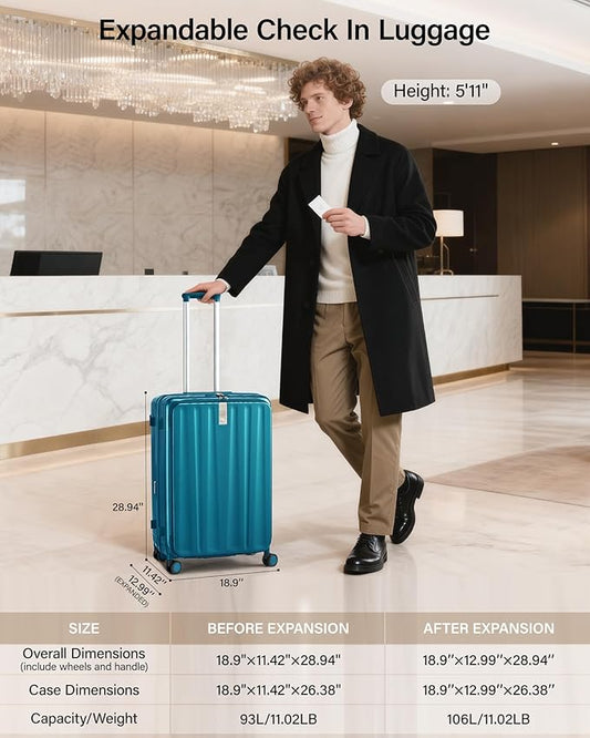 Hanke 26 Inch Expandable Luggage Top Opening Checked Bag Luggage Hard Shell Suitcases with Wheels Lightweight Travel Luggage Heavy Duty Luggage Suitcase with Lock for Woman Men-Caribbean Blue